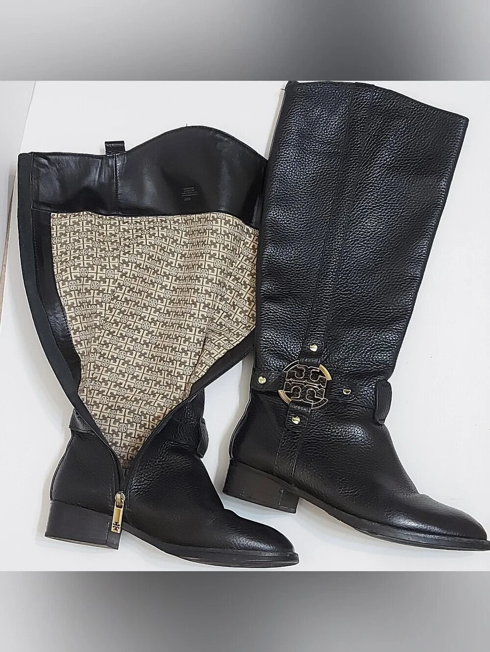 Tory Burch Black Pebbled Leather Over-the-Knee Boots with Gold Logo